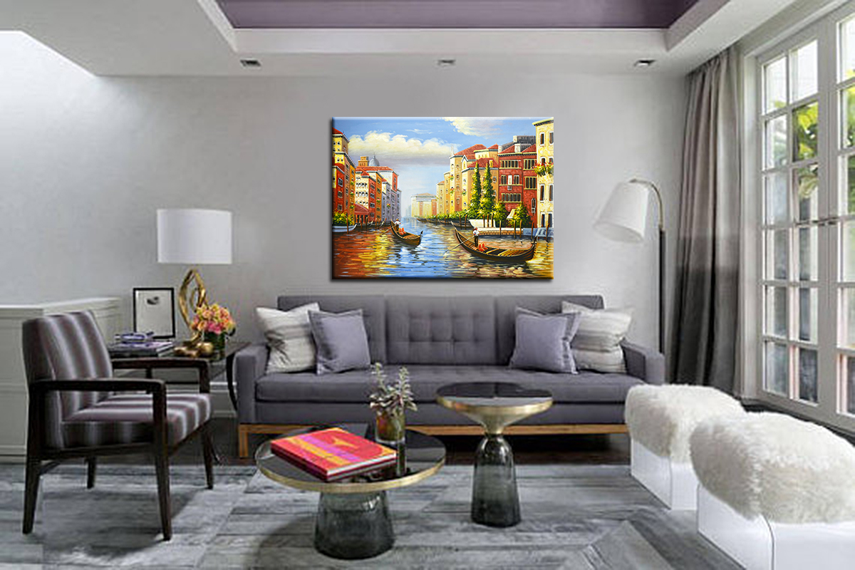 Hand-painting Colorful Venice Houses Lake And People Oil Painting Oversize Study